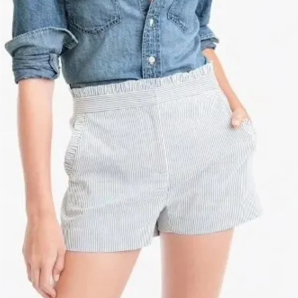 J. Crew High-Waisted Ruffled Seereucker Shorts - Raised Textured Blue Stripes